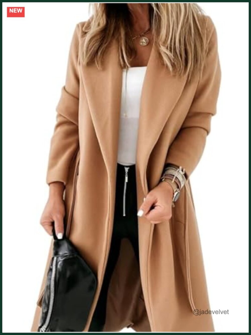 Women's Long Belted Coat Notched Lapel Open Front Pea Coat Overcoat